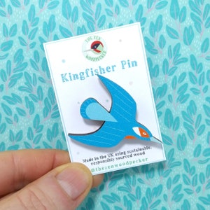 Kingfisher Pin Badge, Wooden Bird Brooch, Flying Bird Pin, Wildlife Pin
