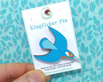 Kingfisher Pin Badge, Wooden Bird Brooch, Flying Bird Pin, Wildlife Pin