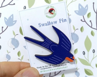 Swallow Pin Badge, Wooden Bird Brooch, Flying Bird Badge