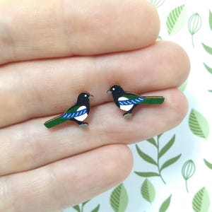 Magpie Earrings, Wooden Bird Studs, Corvid Studs, Garden Birds, Urban Birds, Silver Plated or Sterling Silver Backs, Two for Joy