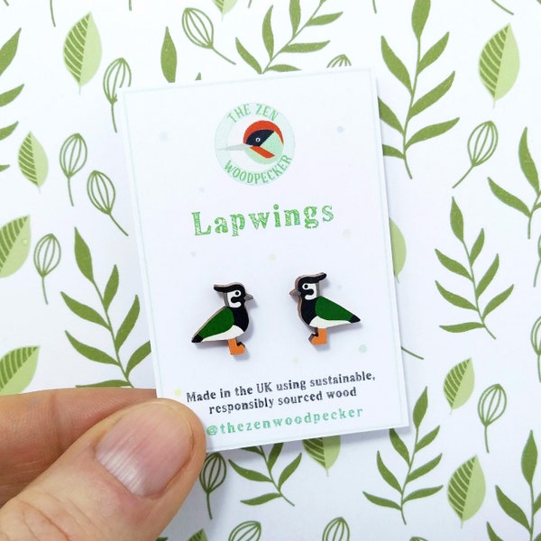 Lapwing Earrings, Bird Studs, Peewit Earrings, Silver Plated or Sterling Silver Backs, Animal Earrings, Green Plover