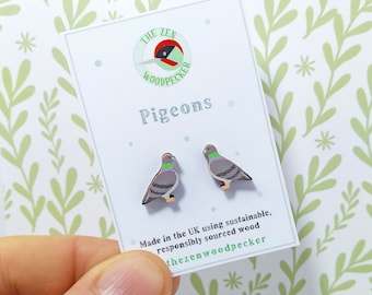 Pigeon Earrings, Bird Studs, Wood Pigeon, Urban Birds, Silver Plated or Sterling Silver Backs, Animal Earrings