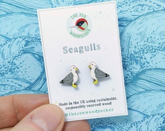 Seagull Earrings, Seagull Studs, Seabird Earrings, Herring Gull, Silver Plated or Sterling Silver Backs, Seaside, Coastal