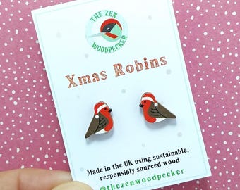 Christmas Robin Earrings, Robin with Santa Hat, Christmas Jewellery, Xmas Studs, Silver Plated Backs, Festive Earrings