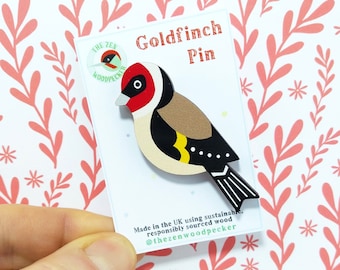 Goldfinch Pin Badge, Bird Brooch, Wooden Bird Badge, Bird Accessories, Garden Birds, British Birds