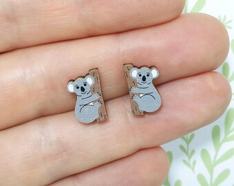 Koala Bear Earrings, Wooden Animal Studs, Silver Plated or Sterling Silver Backs