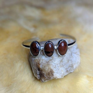 3 Stone Red Obsidian Sterling Silver Bracelet