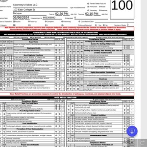 Peut inclure: Un rapport d'inspection d'un &eacute;tablissement de restauration avec un score de 100. Le rapport est dat&eacute; du 6 mars 2024 et liste divers points de conformit&eacute; li&eacute;s &agrave; la s&eacute;curit&eacute; alimentaire et &agrave; la sant&eacute; publique.
