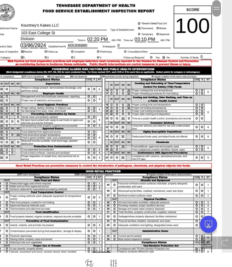 Peut inclure: Un rapport d'inspection d'un &eacute;tablissement de restauration avec un score de 100. Le rapport est dat&eacute; du 6 mars 2024 et liste divers points de conformit&eacute; li&eacute;s &agrave; la s&eacute;curit&eacute; alimentaire et &agrave; la sant&eacute; publique.