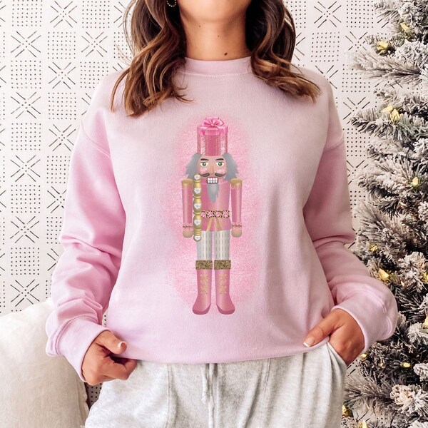 Christmas Pink Nutcracker Sweatshirt, Cute Pink Leopard Print Nutcracker Sweatshirt, Nutcracker Christmas Sweatshirt, Christmas Sweatshirt