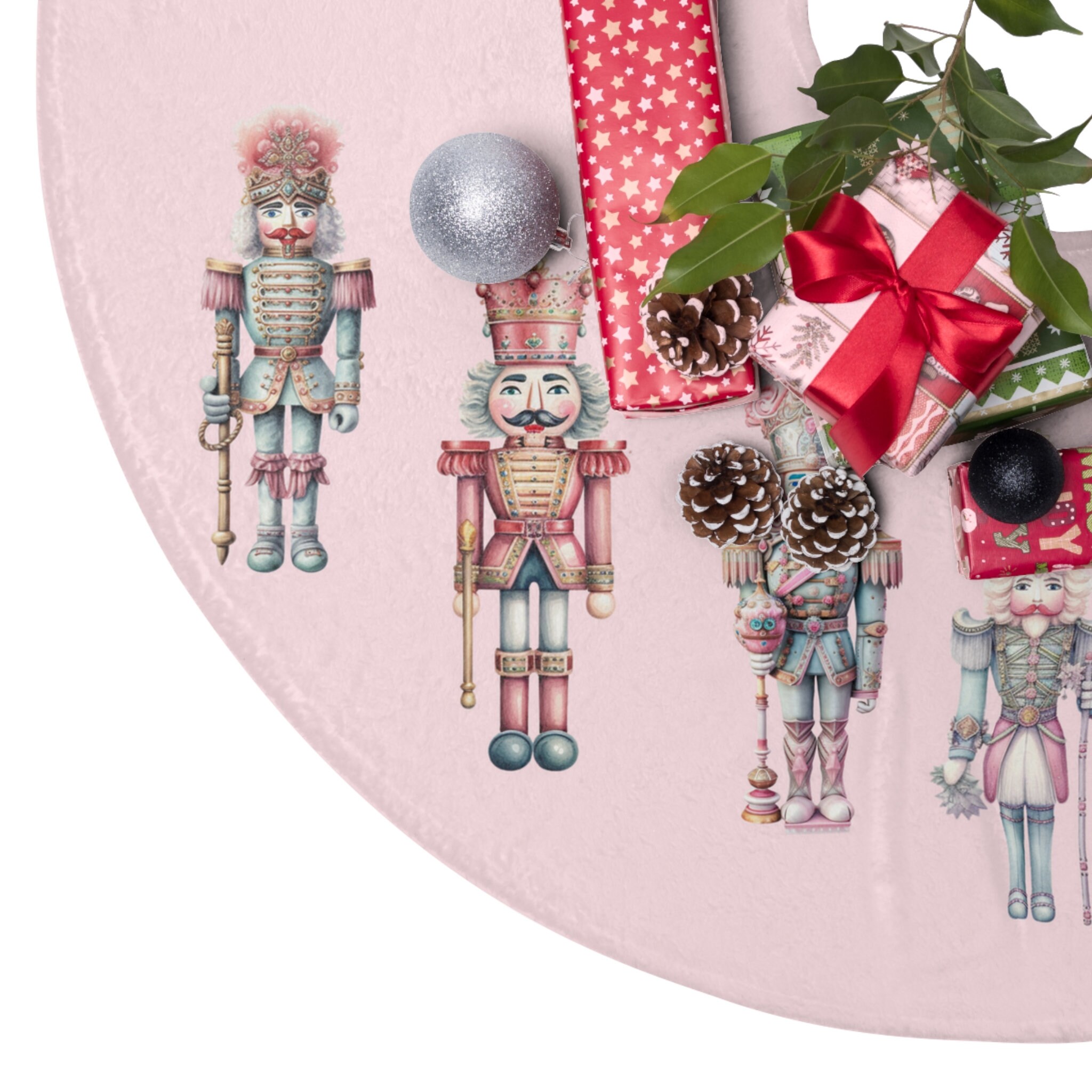 Pink Christmas Nutcracker Christmas Tree Skirt, Pink Christmas Tree