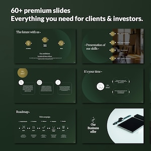 Puede incluir: Un conjunto de diapositivas de presentación con un fondo verde oscuro y detalles dorados. Las diapositivas muestran texto y gráficos, incluyendo las frases "60+ premium slides" y "Everything you need for clients & investors."