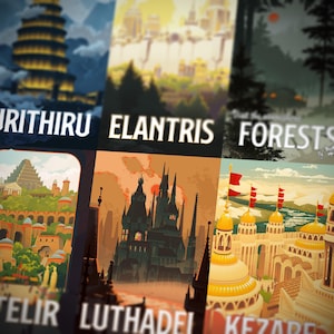 Peut inclure: Plusieurs affiches d'art fantastique présentant des illustrations architecturales de villes fictives. Les affiches présentent diverses palettes de couleurs et styles, avec des étiquettes textuelles telles que "URITHIRU", "ELANTRIS", "FORESTS", "TELIR", "LUTHADEL" et "KEZARE".