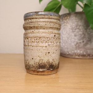May include: A speckled ceramic spice jar with the word "OREGANO" embossed on the front. The jar has a light brown base with darker brown speckles and a blue rim. A potted plant is in the background.