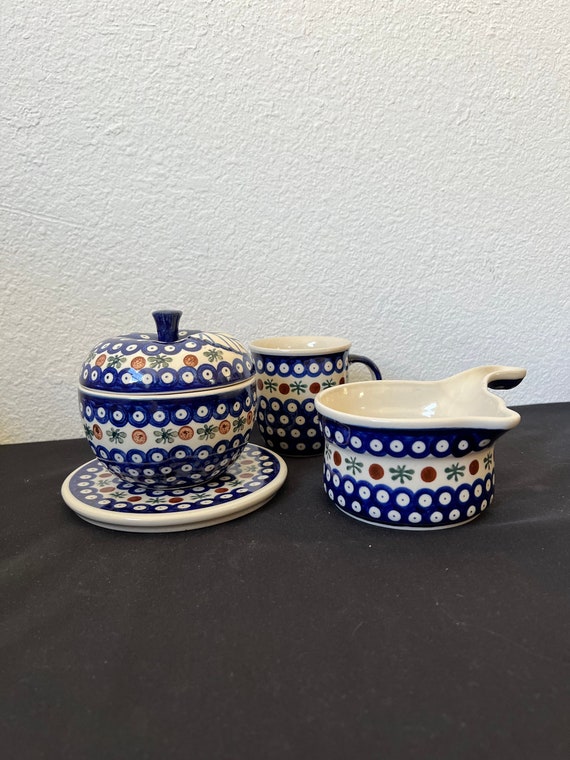 Boleslawiec Polish Pottery Mosquito Pattern Mug, Apple Baker, Trivet, Sauce Pot