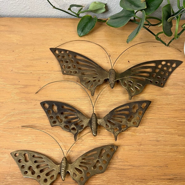 Set of 3 Vintage Brass Butterfly Wall Hangings, Boho Decor, Cottagecore