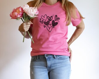 Doodle Hearts Unisex Jersey Short Sleeve Tee, Valentine’s Day, Mother’s Day, gifts for her, gifts for mom,