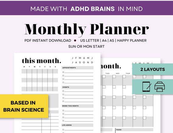 Monthly Planner. ADHD Planner Printable. Adult ADHD Digital - Etsy