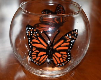 4 inch hand painted Monarch Butterfly candle holder, glass globe, candy jar