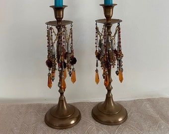 Pair of Vintage Brass Candlestick Holders - Ornate and Heavily Beaded - Bohemian Candle Holders, Wedding Candle Holders, Brass Candle Stems