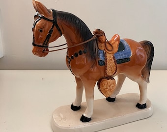 Vintage Parade Horse Figurine, Western Horse. 50's Ceramic Horse, Bay Western Horse, MCM Horse Rope Reins, Parade Pony Figurine, Pony Figure