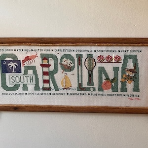 South Carolina Handcrafted Cross Stitch Sampler - Featuring Iconic South Carolina Landmarks and Names - Needlework Sampler South Carolina,