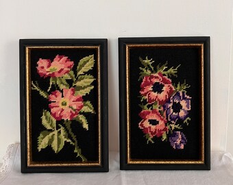 Set of 2 Floral Cross Stitch Embroidery Panels - Framed