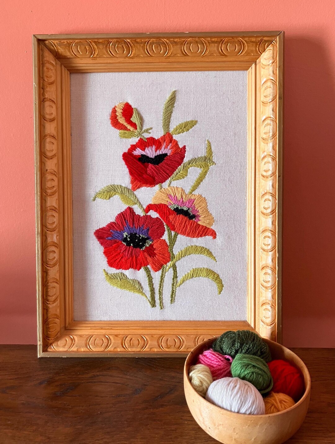 Vintage 1970s Crewel Embroidery Floral Art: Yarn Flower Wall Hanging - Etsy