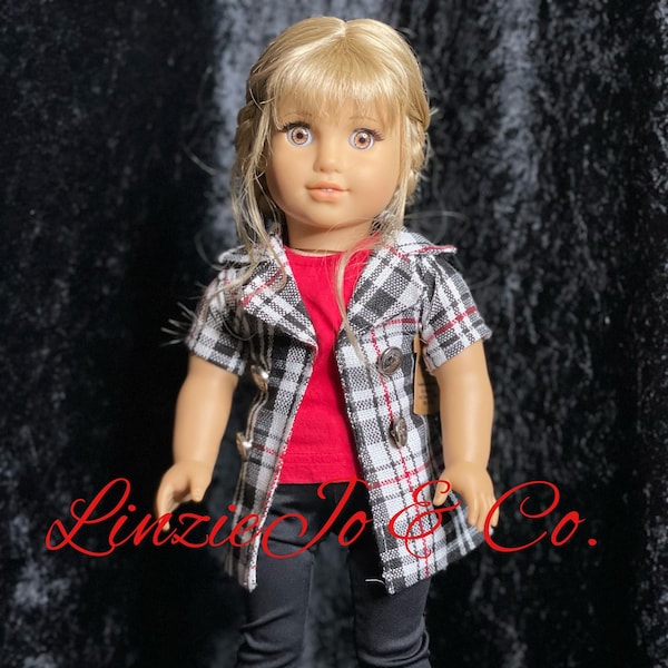 18" doll plaid "tweed" jacket with red shirt, black leggings and black patent boots