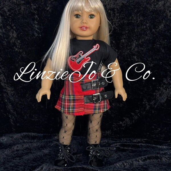 18" doll rocker guitar shirt with belted plaid skirt, tights and boots