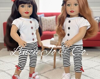 18" doll black striped pants with matching ruffle sleeve top, matching bow and shoes