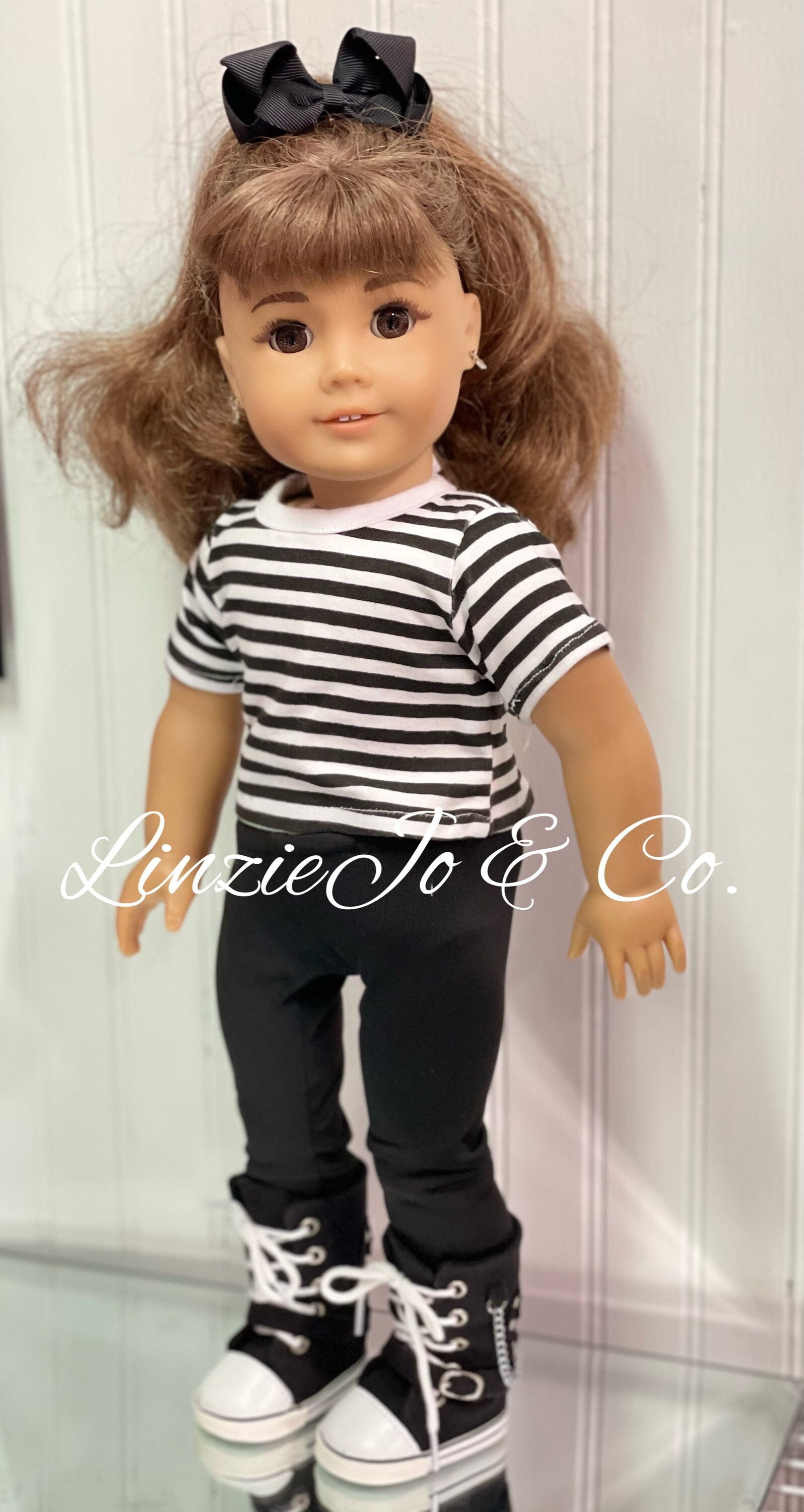 18 Doll Black Stripe Shirt With Matching Leggings, Black Bow and High ...