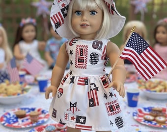 18" doll patriotic dress with matching hat and striped shoes