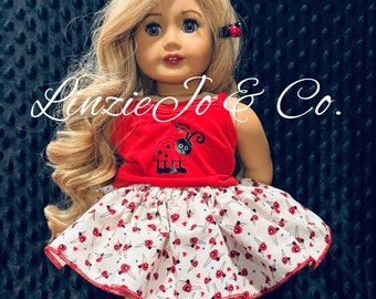 18" doll ladybug tank with matching skirt, hair accessory, and shoes