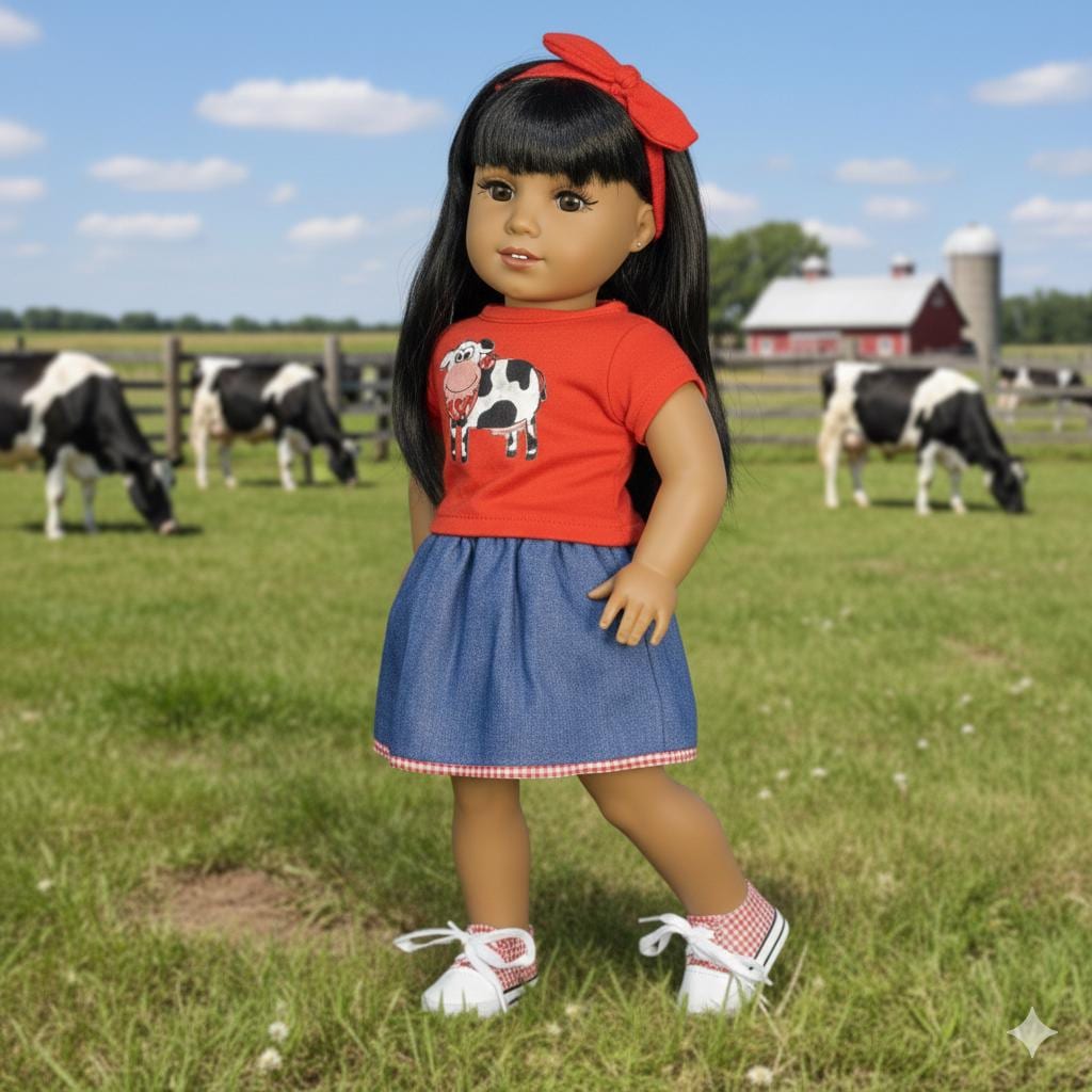 18" Doll Outfit: Red Cow Shirt, Denim Skirt, Headband & Shoes
