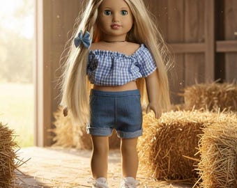 18" Doll Outfit: Gingham Crop Top, Denim Shorts & Blue Bow