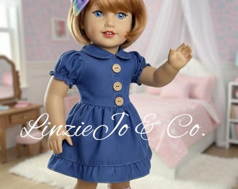 18" Doll Denim Dress: Pink Boots, Rainbow Bow Outfit