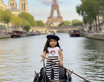 18" Doll Outfit: Striped Pants, Printed Top, Red Shoes & Beret