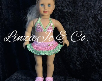 18" doll green and gingham swimsuit with pink "crocs" inspired shoes & sunglasses