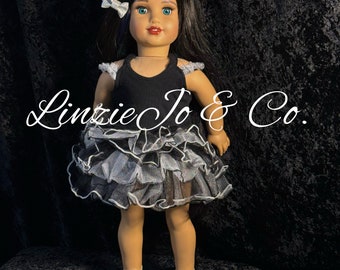 18" doll silver & black tiered cold shoulder tank dress with silver glitter shoes and bow