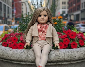 18" Doll Outfit: Khaki Jacket, Striped Shirt, Red Shoes