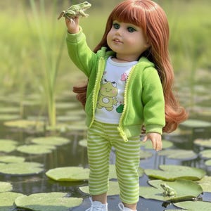 18" doll frog doll zip up hoodie w/matching shirt, leggings and "converse" sneakers