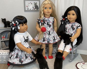 18" doll Black, white and red cat sets with matching shoes and hair clip