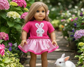 18" doll bunny shirt with matching skirt, hair bow and shoes