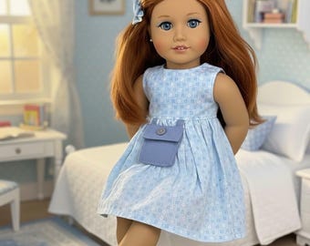 18" doll blue floral dress with faux pocket, floral sandals and hair bow