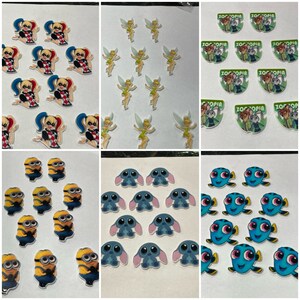 May include: Assortment of colorful cartoon character iron-on patches.  The patches feature characters from popular movies and TV shows, including Harley Quinn, Tinkerbell, Stitch, Dory, and characters from Zootopia.