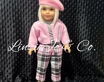 18" doll plaid pants w/gray shirt, pink jacket, beret & shoes