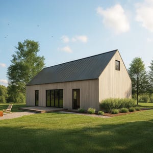 以下が含まれることがあります： 暗い灰色の金属屋根を持つモダンな明るい色の家。 家には大きな窓と木製のデッキがあります。 芝生には椅子のある焚き火のそばに人が立っています。 木と青い空がシーンを完成させます。