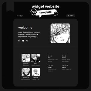 May include: A black and white digital widget website template featuring a profile section with text including welcome, pronouns, status, likes, dislikes, career, playing, listening to, and interests, alongside manga-style character illustrations.