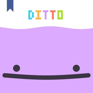 Könnte beinhalten: Grafik mit dem Wort "Ditto" in bunten, pixeligen Buchstaben über einem lila Klecks mit einem einfachen Gesicht. Das Design umfasst zwei schwarze Punkte für Augen und eine gebogene schwarze Linie für einen Mund.